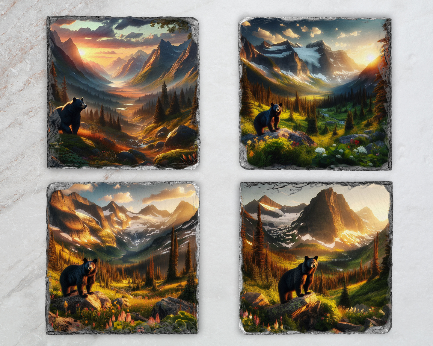 Rustic Slate Coaster Set with Bear in Valley at Sunset - Unique Gift for Mom 4 Distinct Designs