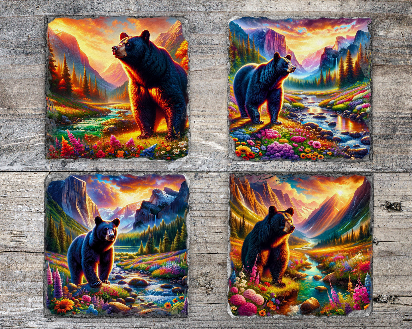 Floral Slate Coaster Set with Black Bear River Valley Sunset - Unique Gifts for Bear Lovers Vibrant Woodland Decor