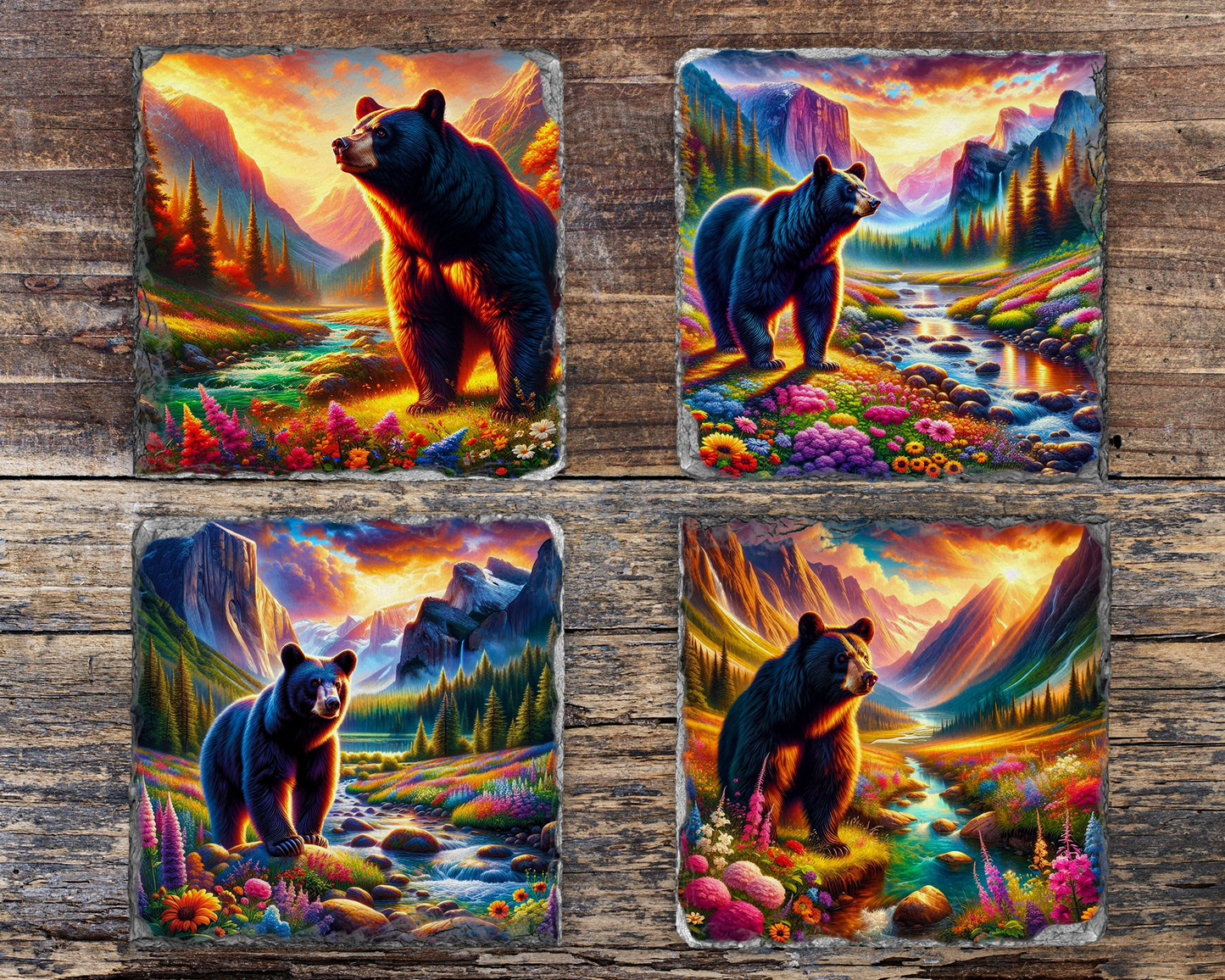 Floral Slate Coaster Set with Black Bear River Valley Sunset - Unique Gifts for Bear Lovers Vibrant Woodland Decor