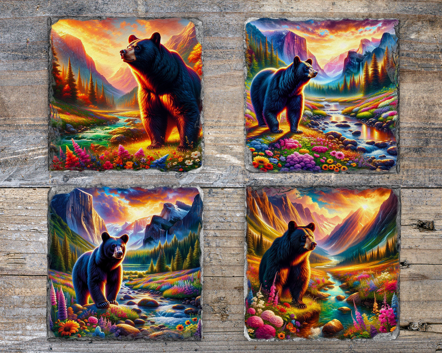 Floral Slate Coaster Set with Black Bear River Valley Sunset - Unique Gifts for Bear Lovers Vibrant Woodland Decor