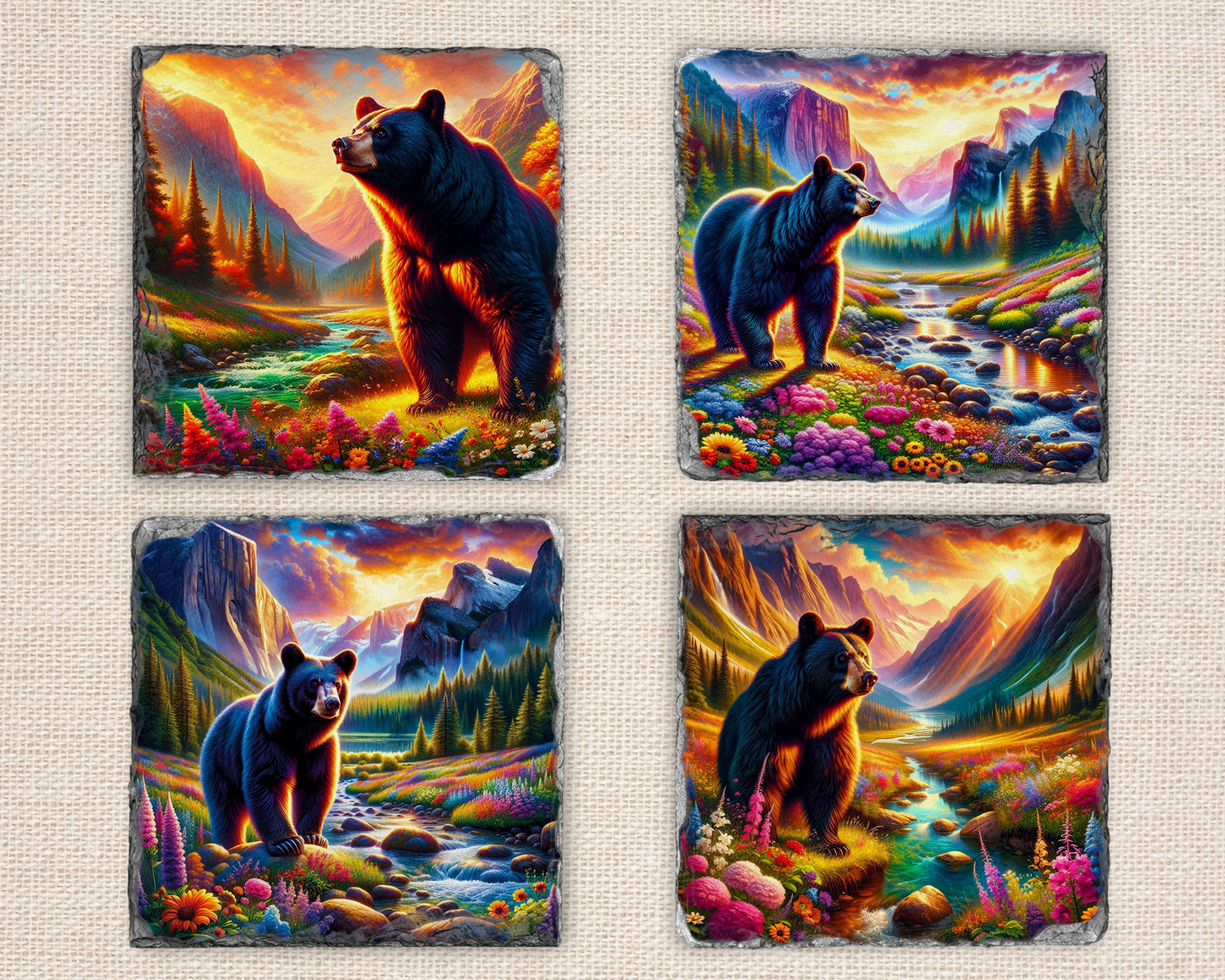 Floral Slate Coaster Set with Black Bear River Valley Sunset - Unique Gifts for Bear Lovers Vibrant Woodland Decor