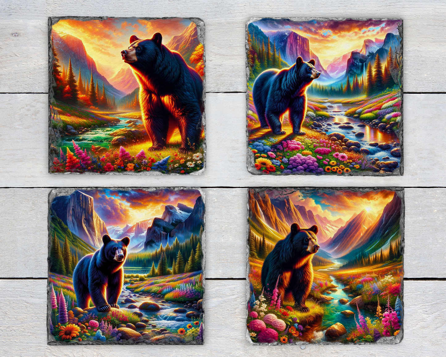 Floral Slate Coaster Set with Black Bear River Valley Sunset - Unique Gifts for Bear Lovers Vibrant Woodland Decor