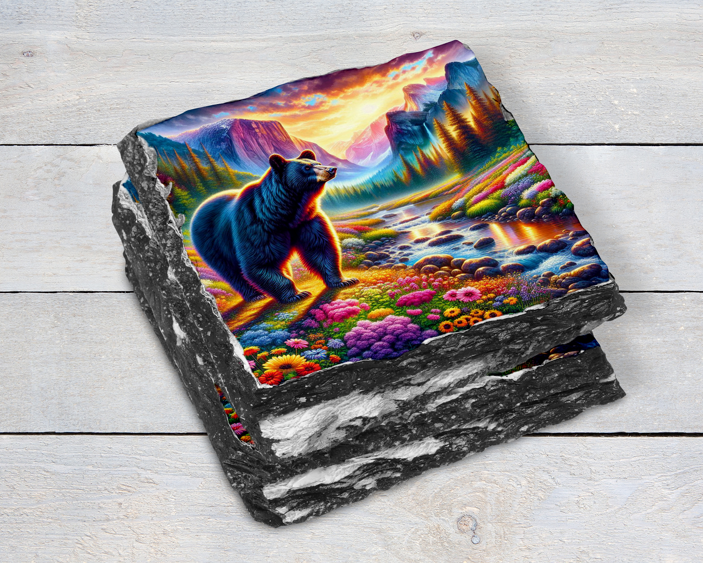 Floral Slate Coaster Set with Black Bear River Valley Sunset - Unique Gifts for Bear Lovers Vibrant Woodland Decor