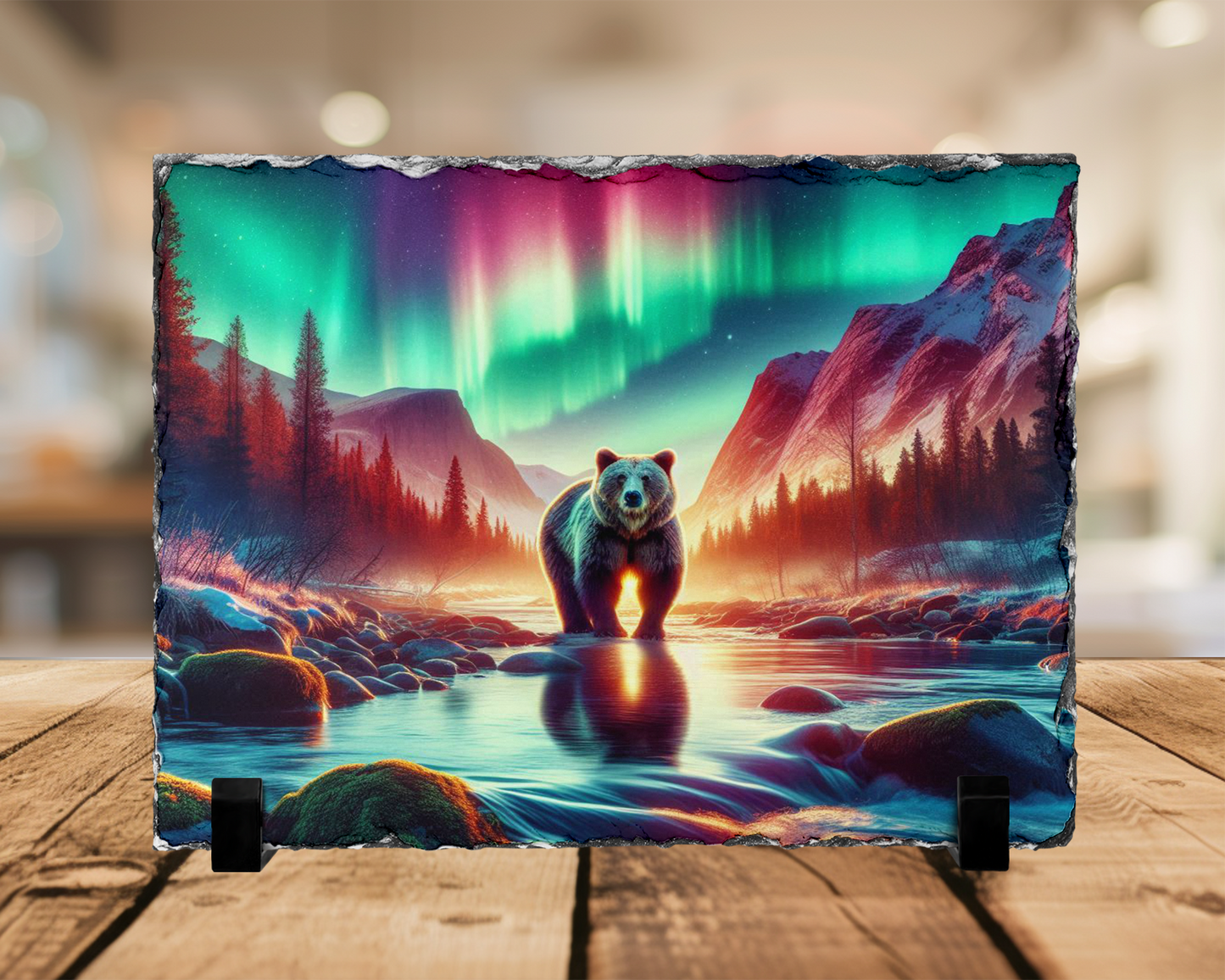 Northern Lights Bear Slate Art - Unique Gift for Outdoor Lovers Aurora Borealis Decor
