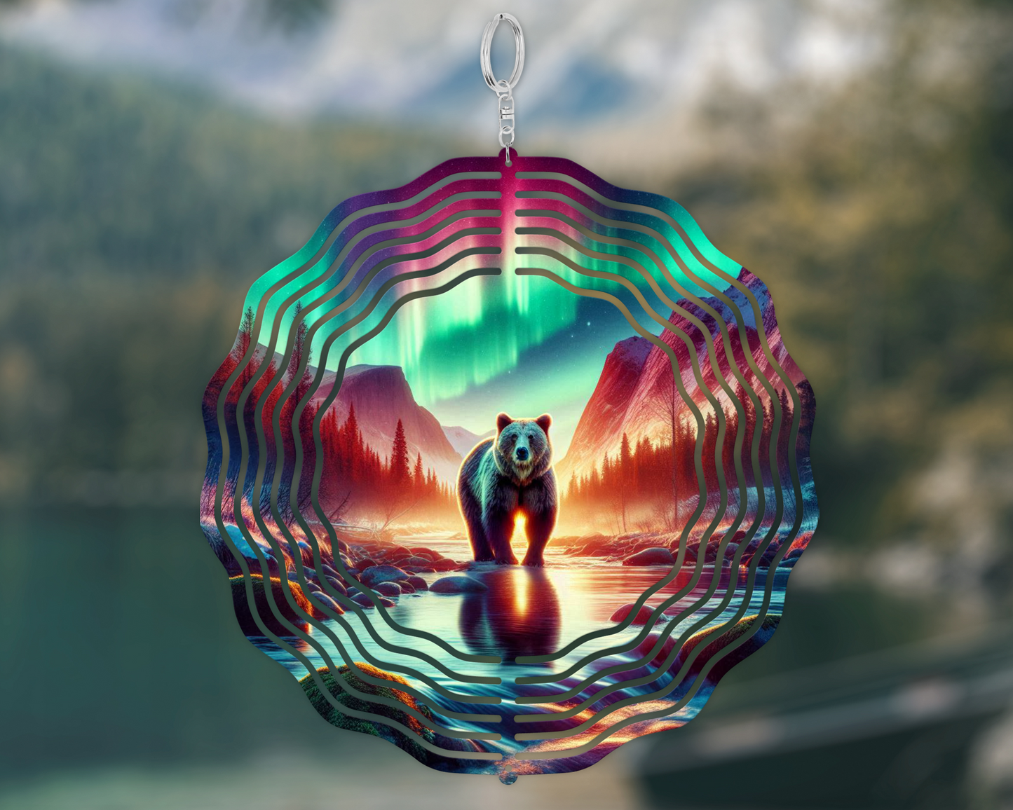 Bear Mountain Wind Spinner - Northern Lights Garden Art for Bear Lovers Ideal Mothers Day Gift