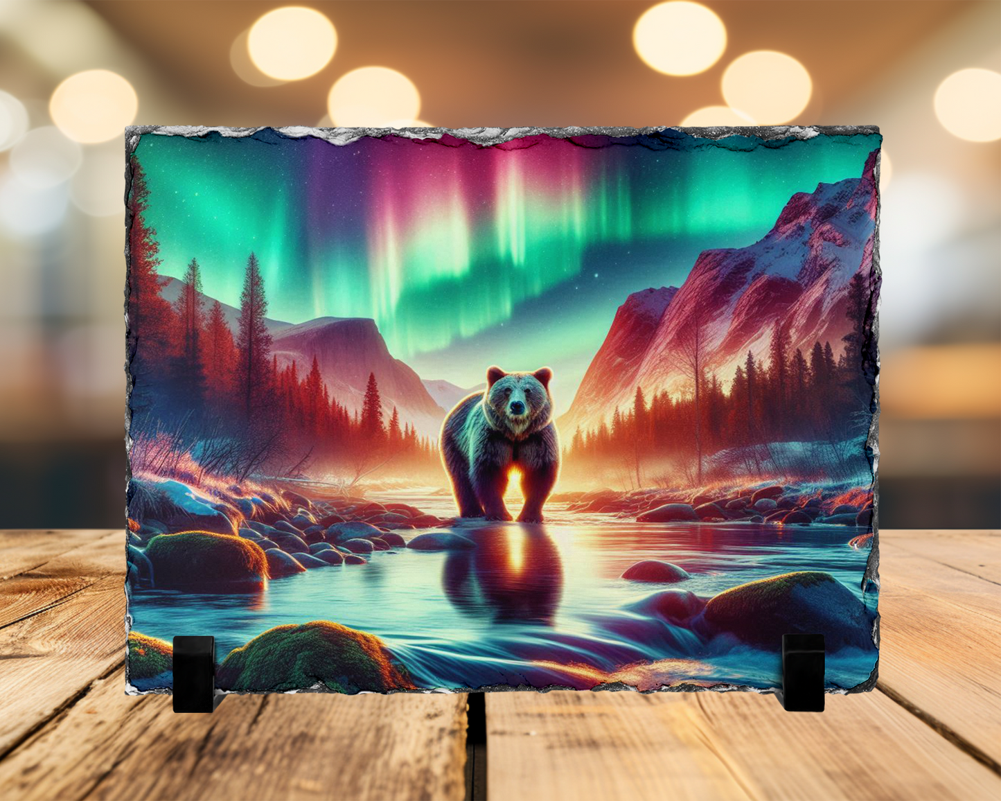 Northern Lights Bear Slate Art - Unique Gift for Outdoor Lovers Aurora Borealis Decor