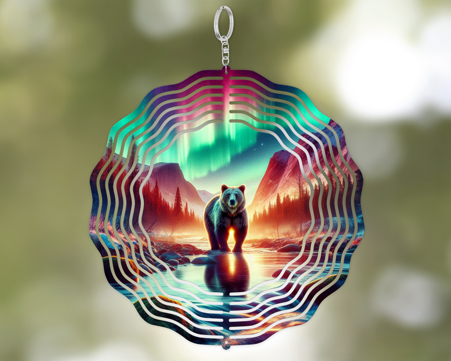 Bear Mountain Wind Spinner - Northern Lights Garden Art for Bear Lovers Ideal Mothers Day Gift
