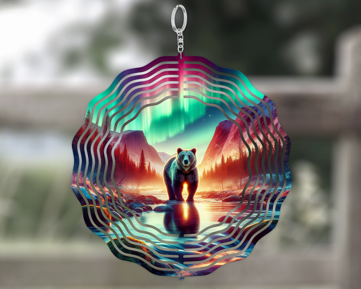 Bear Mountain Wind Spinner - Northern Lights Garden Art for Bear Lovers Ideal Mothers Day Gift