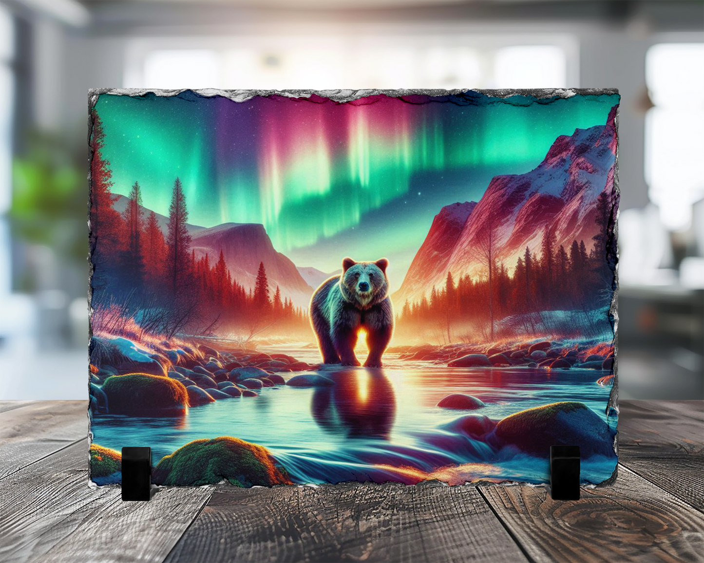 Northern Lights Bear Slate Art - Unique Gift for Outdoor Lovers Aurora Borealis Decor