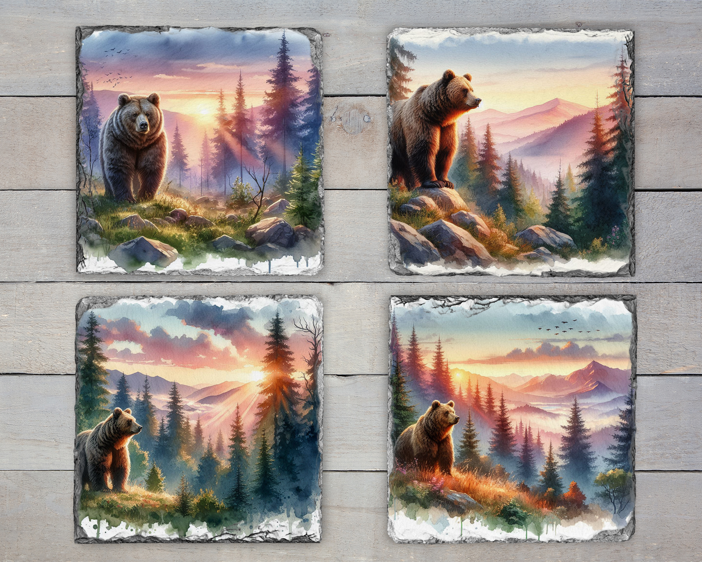 Majestic Brown Bear Watercolor Slate Coasters Set of 4 - Mountain Sunset Designs