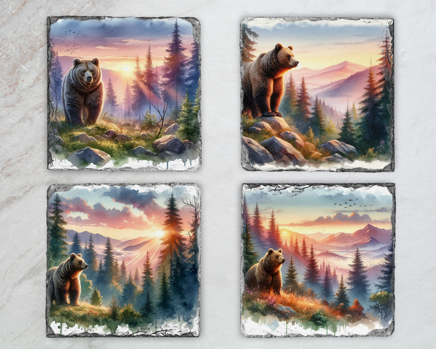 Mountain Sunset Brown Bear Slate Coasters - Set of 4 Watercolor Art