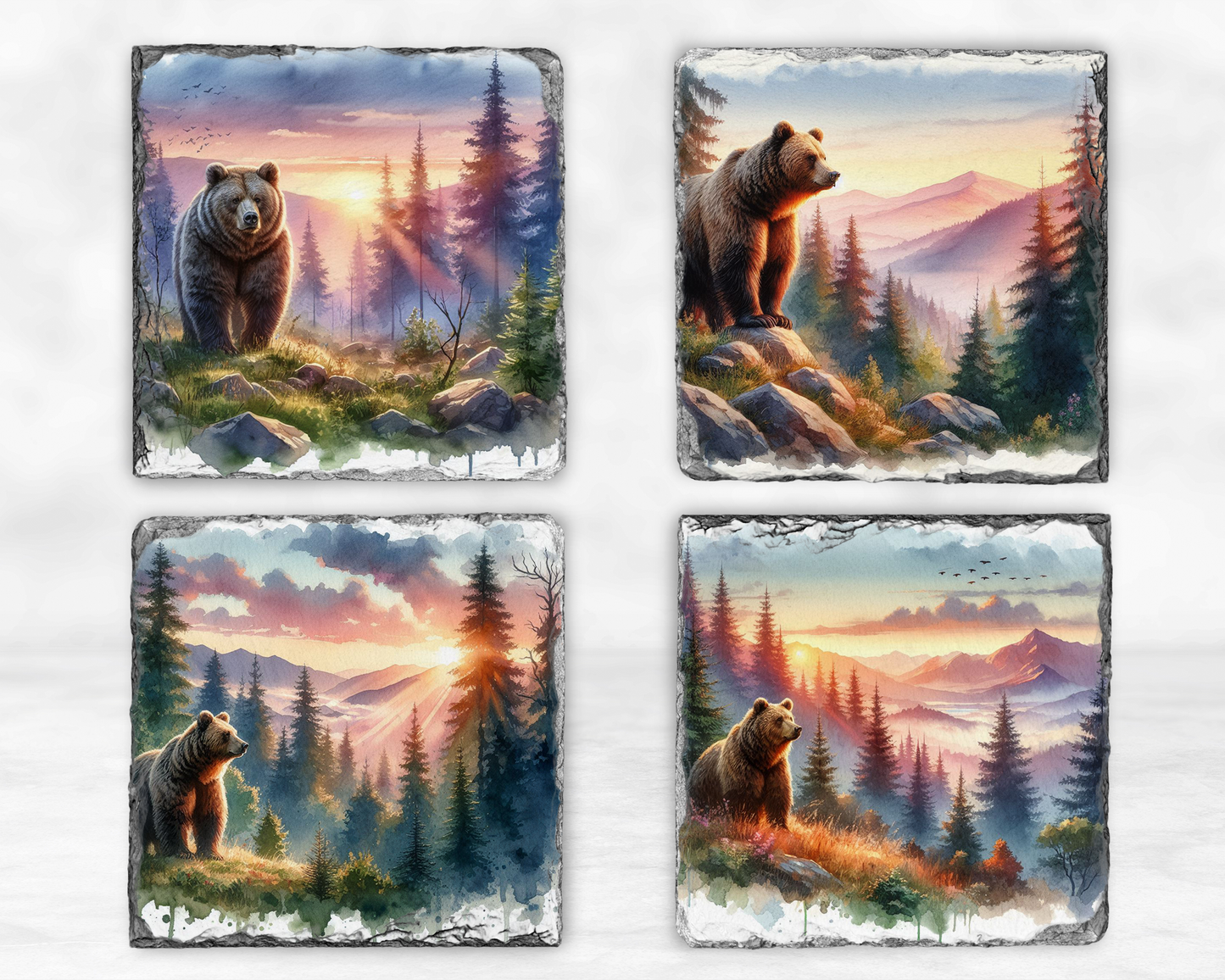 Rustic Brown Bear Coasters - Watercolor Mountain Sunset Slate Set of 4
