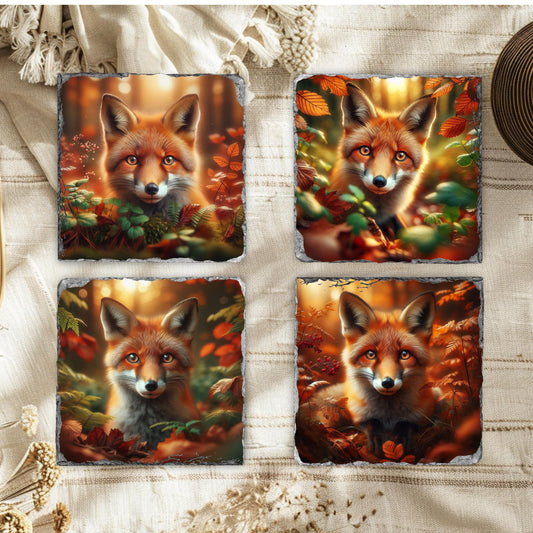 Fox Slate Coaster Set with Black Rack - 4 Rustic Fall Forest Design Coasters