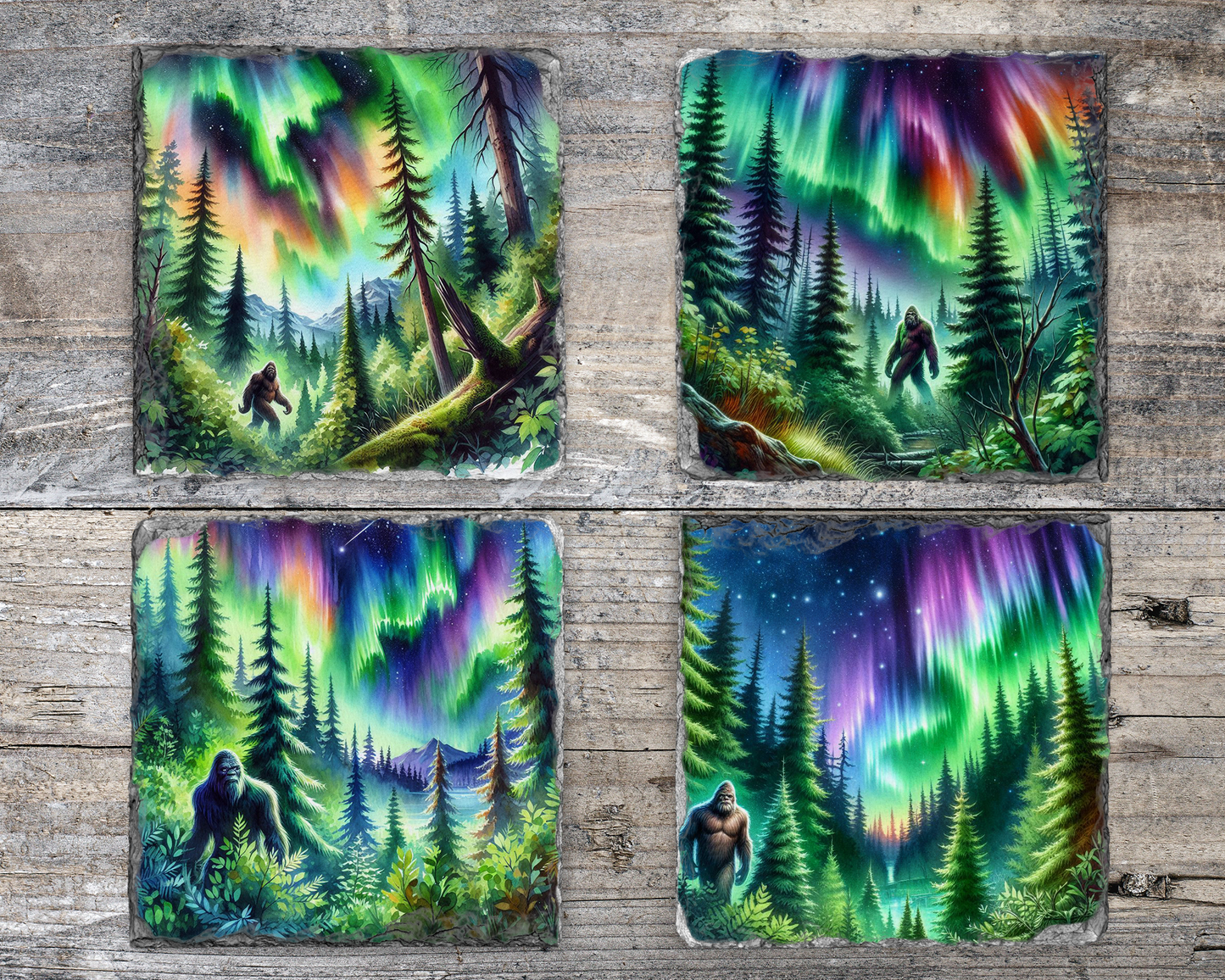 Slate Coasters Set for Bigfoot Fans - Northern Lights Design Quirky Home Accent Gift