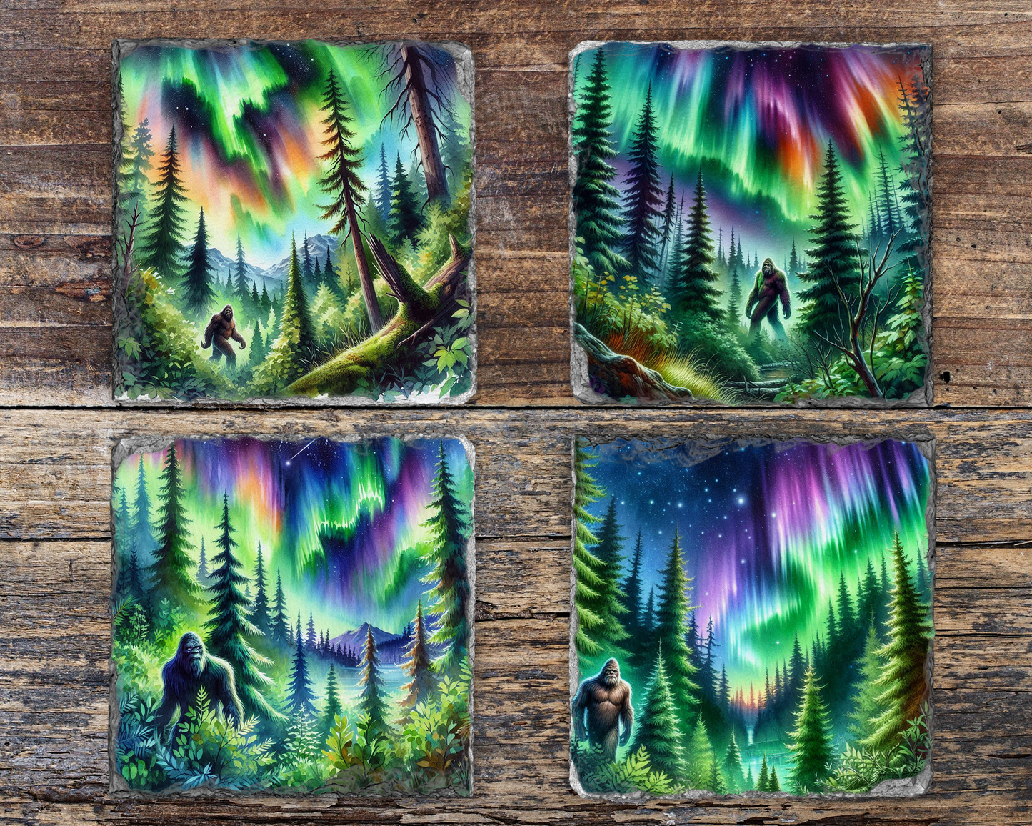 Slate Coasters Set for Bigfoot Fans - Northern Lights Design Quirky Home Accent Gift