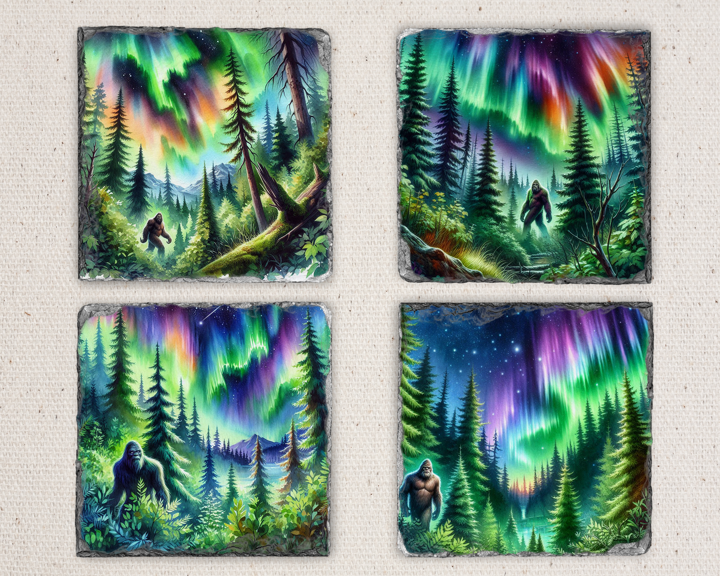 Slate Coasters Set for Bigfoot Fans - Northern Lights Design Quirky Home Accent Gift