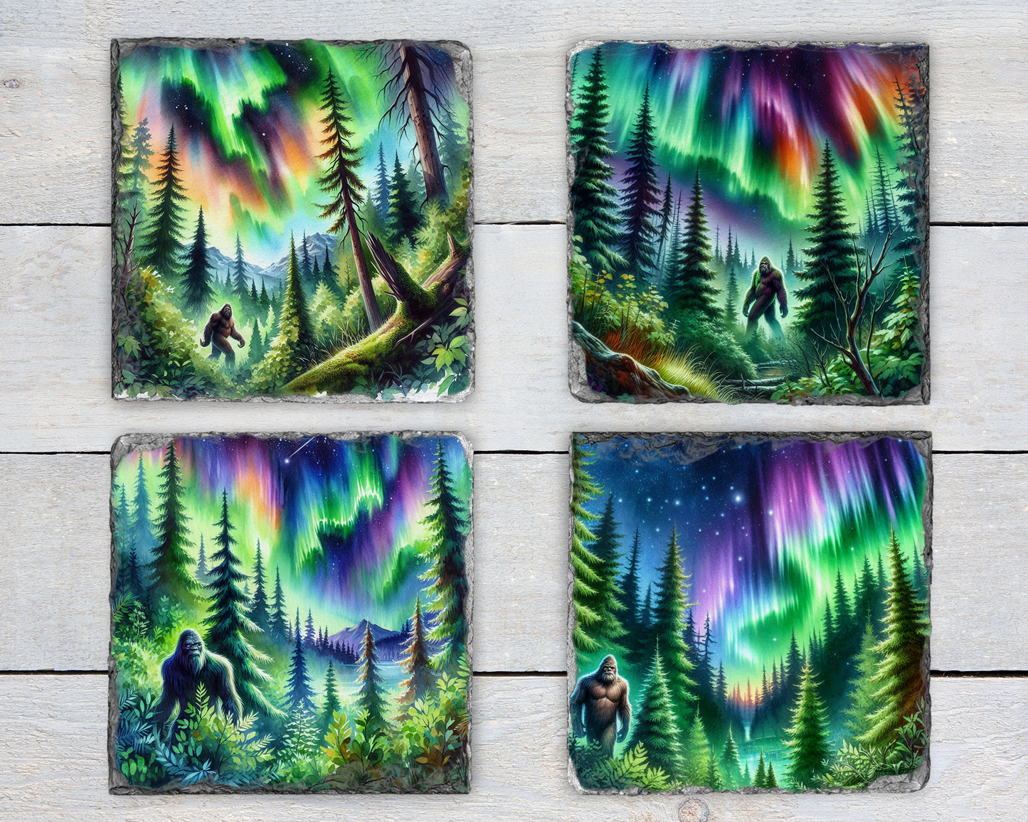 Slate Coasters Set for Bigfoot Fans - Northern Lights Design Quirky Home Accent Gift