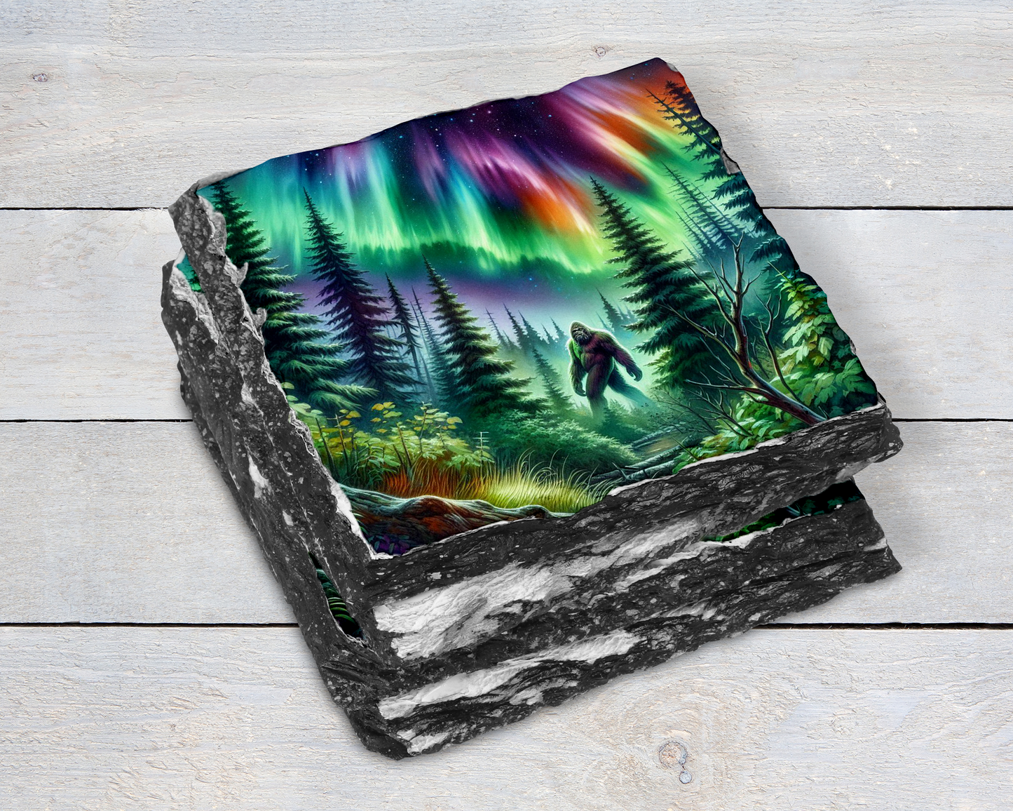 Slate Coasters Set for Bigfoot Fans - Northern Lights Design Quirky Home Accent Gift