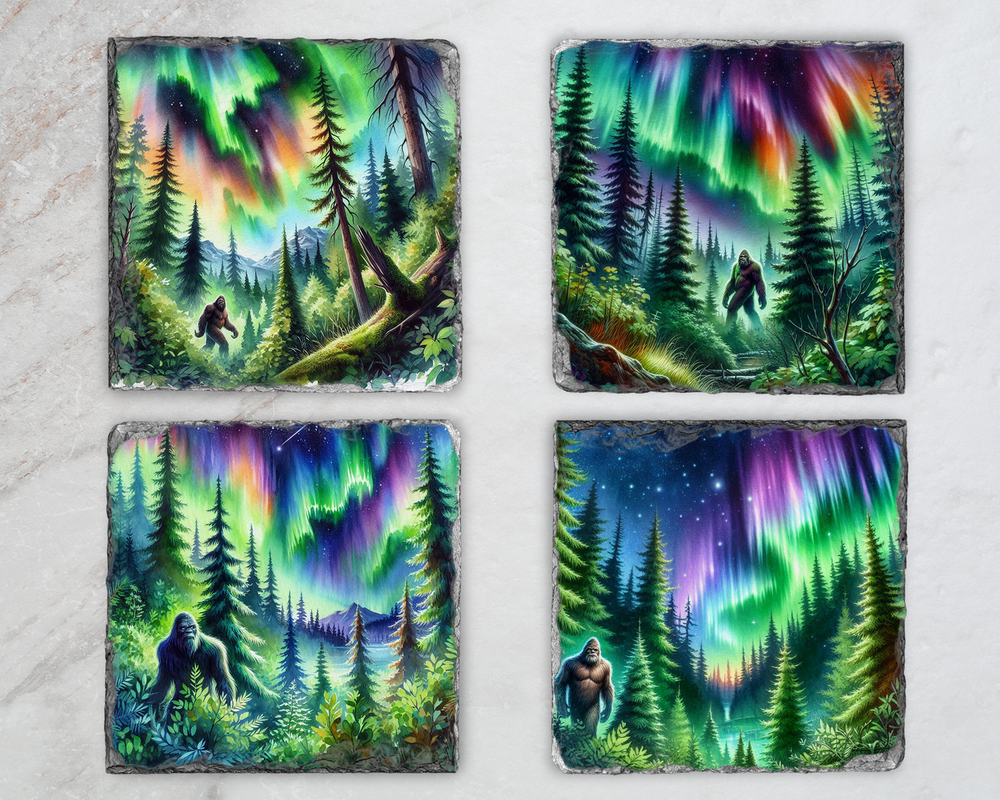 Slate Coasters Set for Bigfoot Fans - Northern Lights Design Quirky Home Accent Gift
