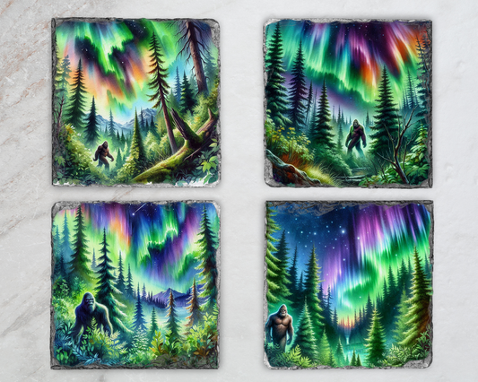 Slate Coasters Set for Bigfoot Fans - Northern Lights Design Quirky Home Accent Gift