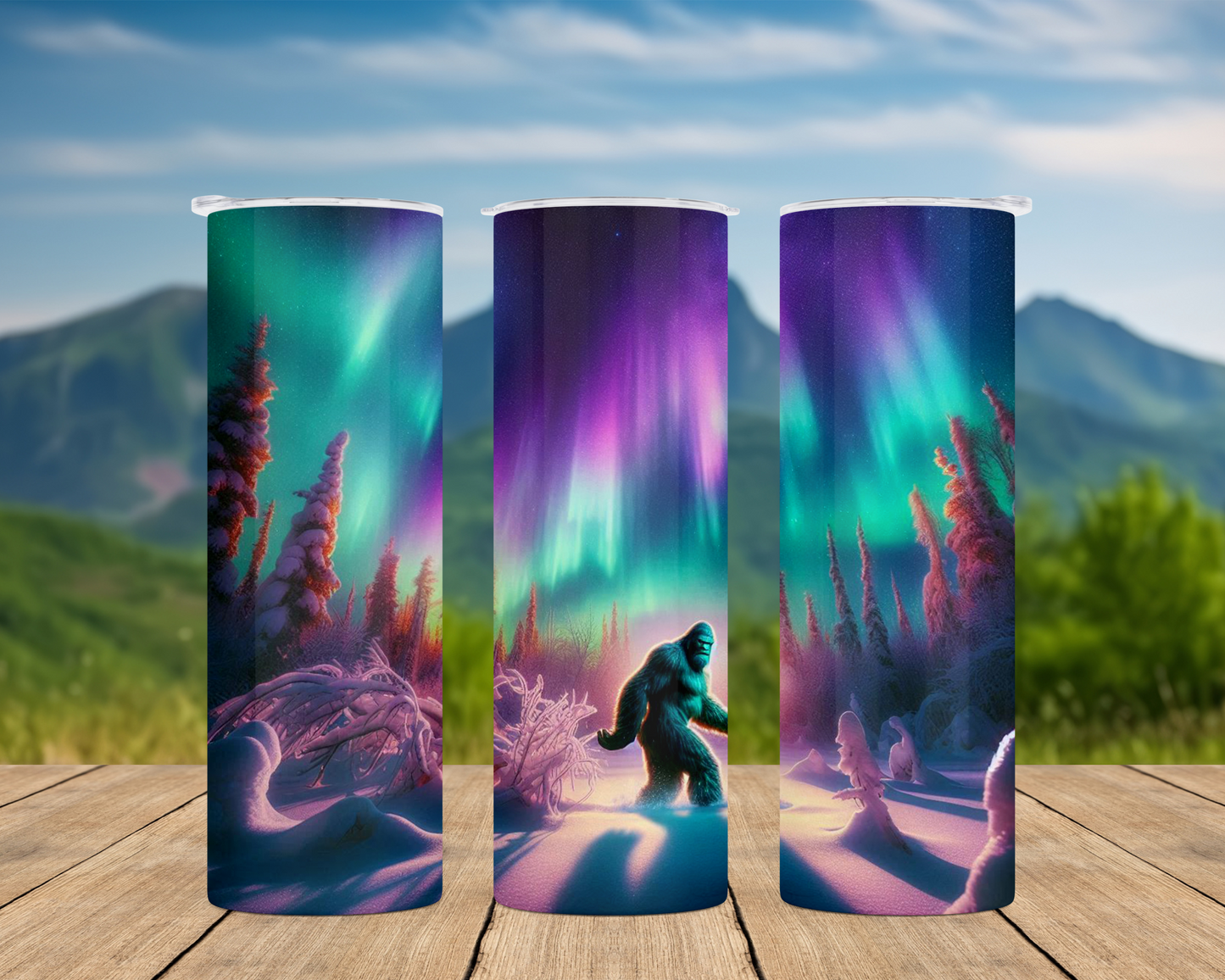 20 oz Dual Lid Water Bottle - Big Foot in Winter Mountains with Northern Lights