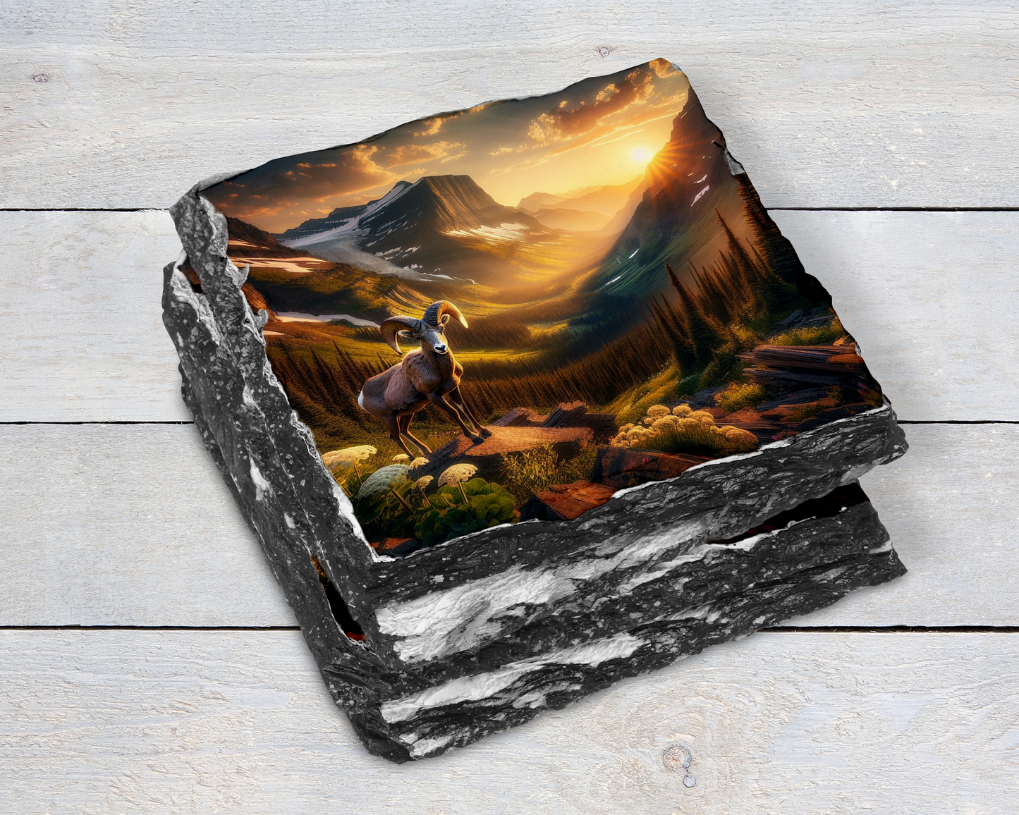 Big Horn Sheep Slate Coaster Set of 4 Unique Wildlife Gifts for Nature Lovers