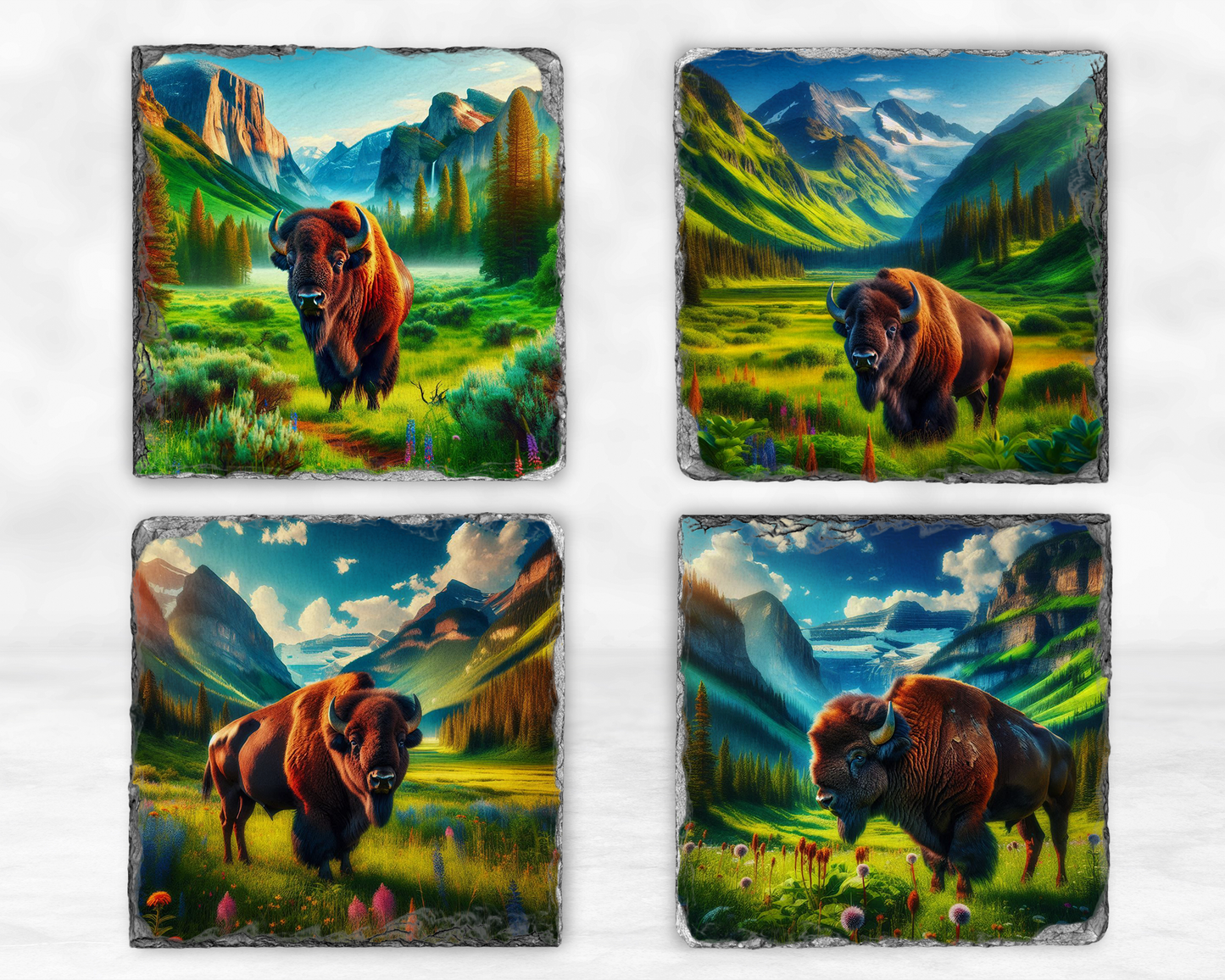 Rustic Slate Coasters with American Bison - Set of 4, Each with a Different Image