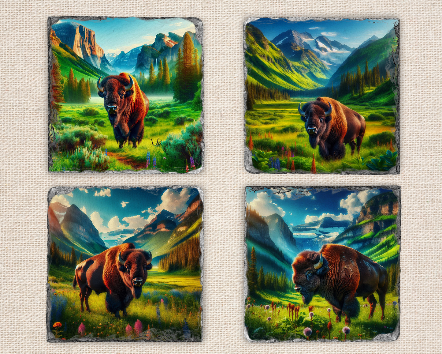 Rustic Slate Coasters with American Bison - Set of 4, Each with a Different Image