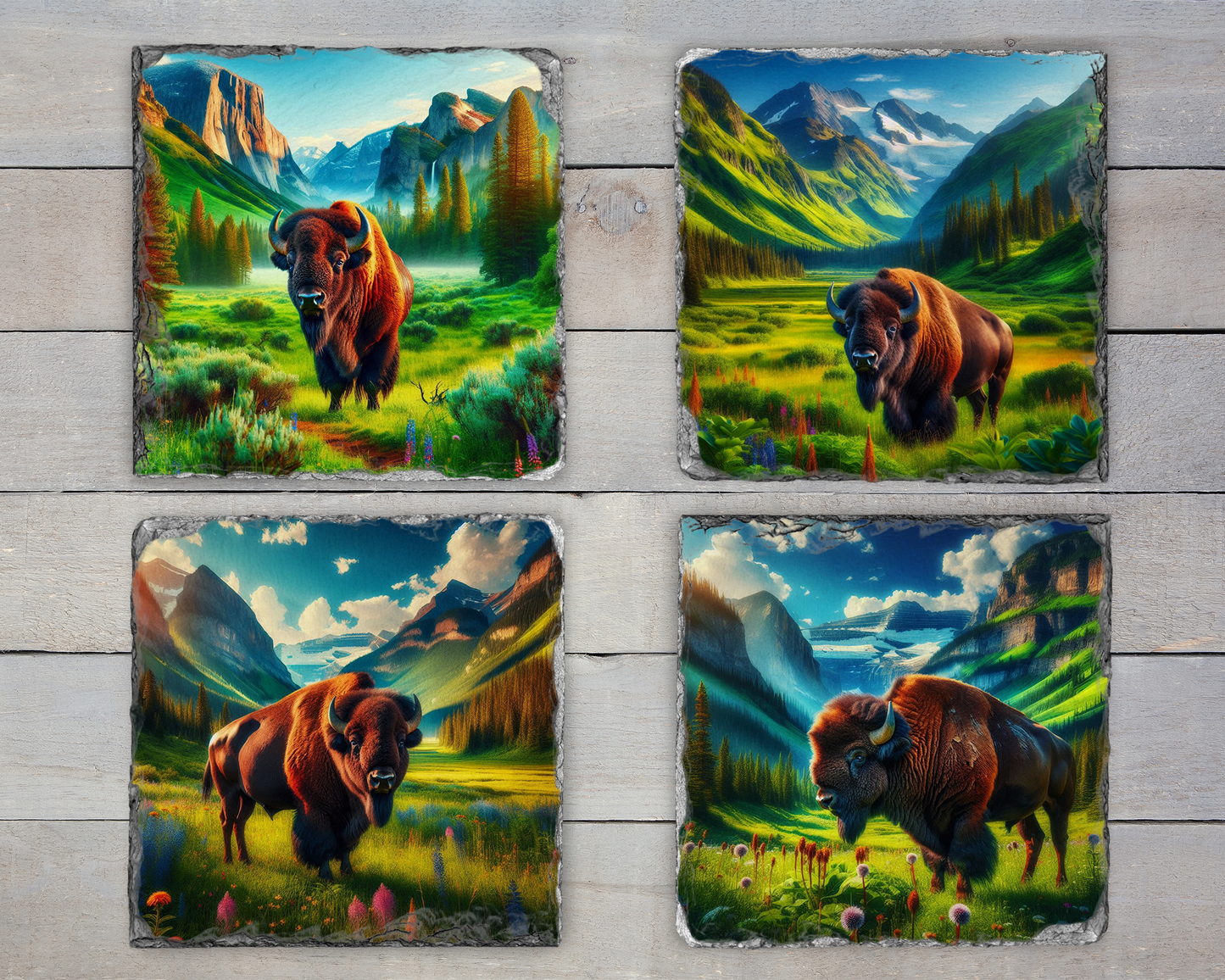 Nature Inspired Coaster Set with Bison and Mountain Scenes - Set of 4 Slate Coasters