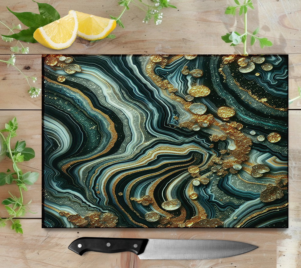 Tempered Glass Cutting Board with Glitter Agate Pattern in Black White Silver and Gold