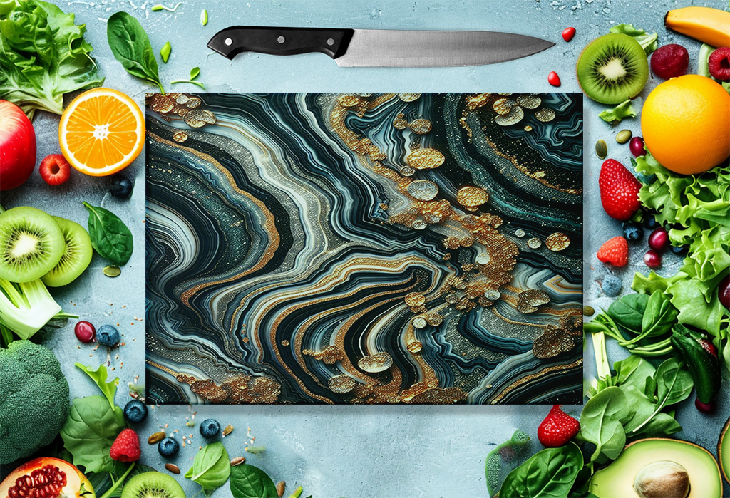 Tempered Glass Cutting Board with Glitter Agate Pattern in Black White Silver and Gold