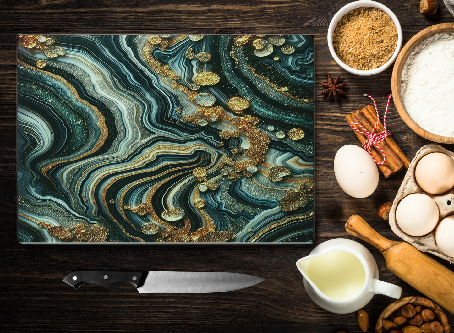 Tempered Glass Cutting Board with Glitter Agate Pattern in Black White Silver and Gold