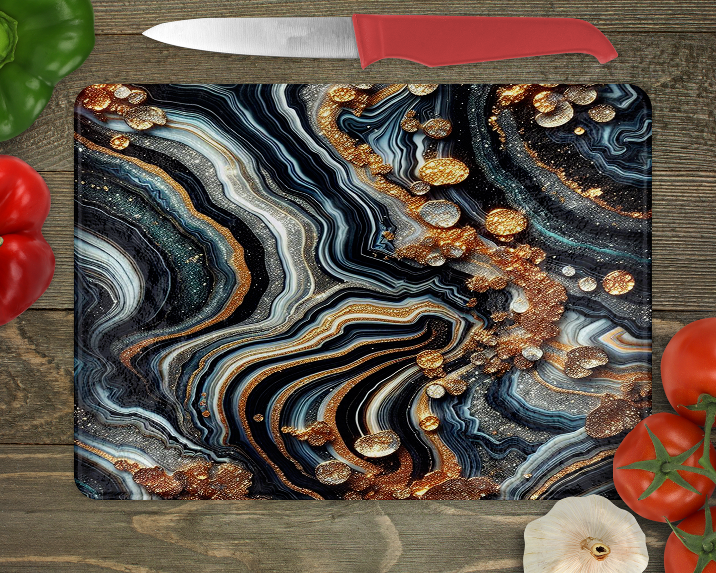 Tempered Glass Cutting Board with Glitter Agate Pattern in Black White Silver and Gold