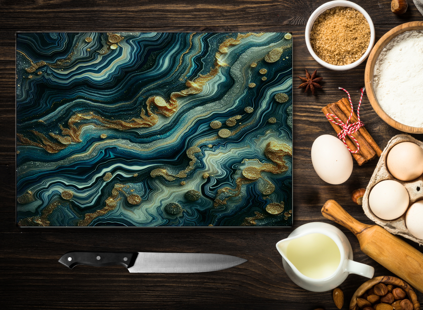 Large Navy Blue and White Gold Agate Pattern Tempered Glass Cutting Board