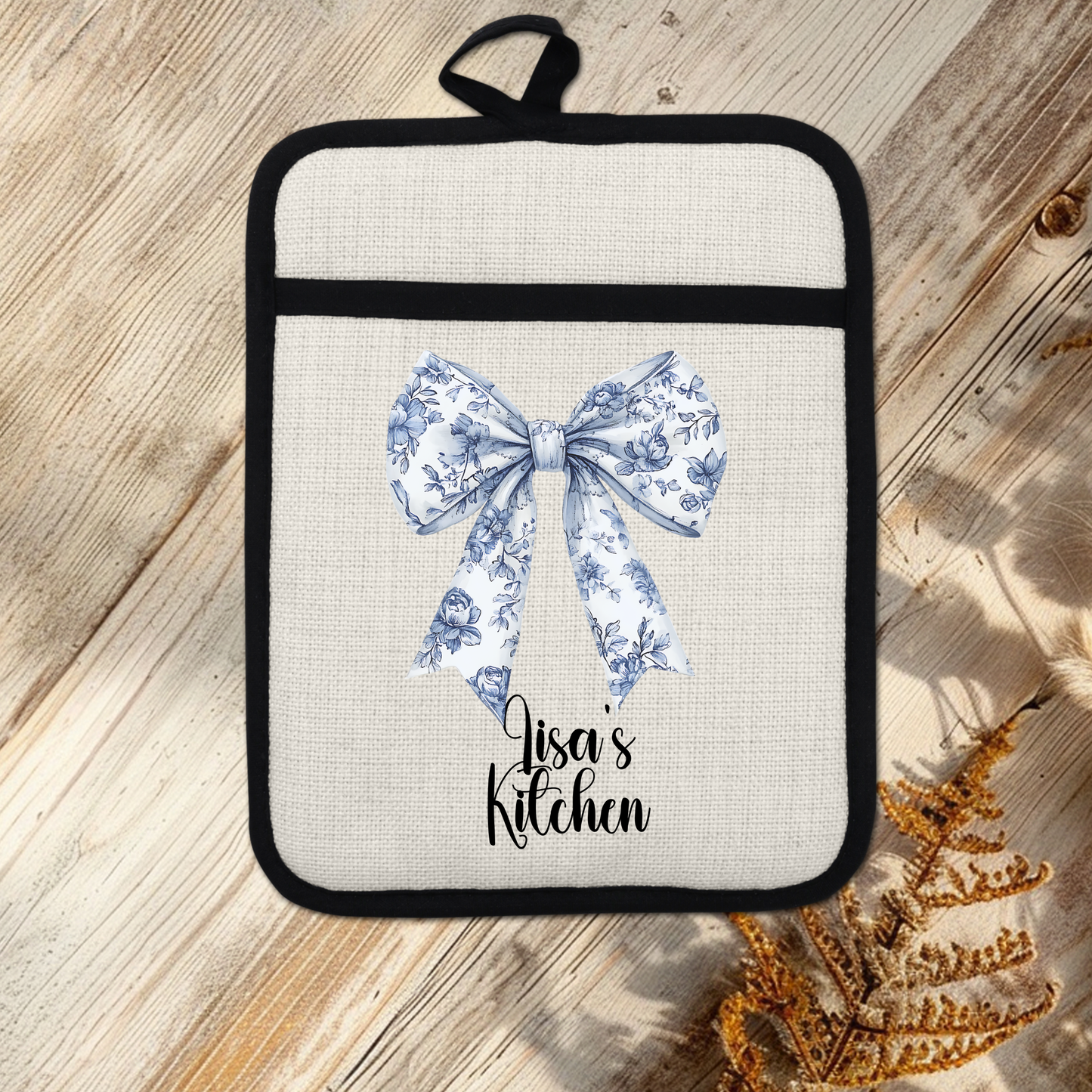 Custom Chinoiserie Bow Design Linen Pot Holder with Personalized Name