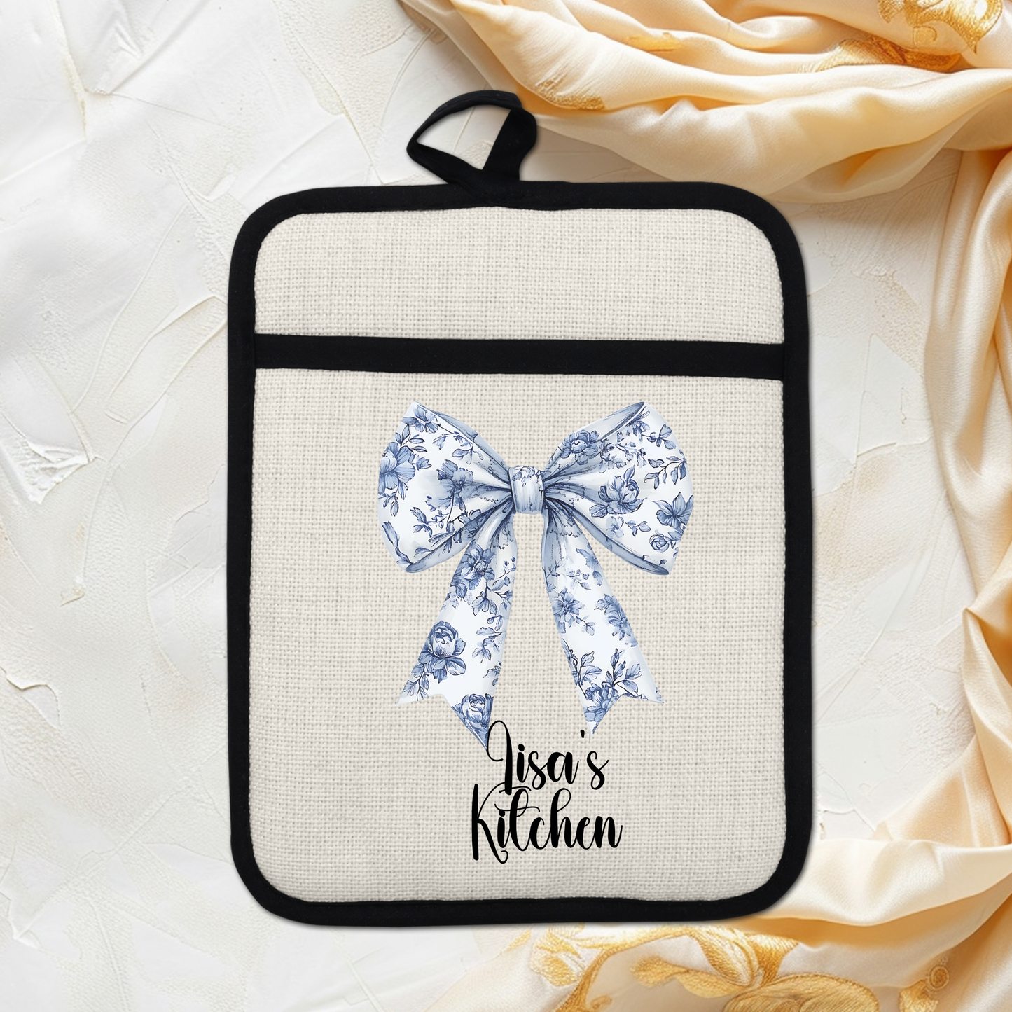 Custom Chinoiserie Bow Design Linen Pot Holder with Personalized Name