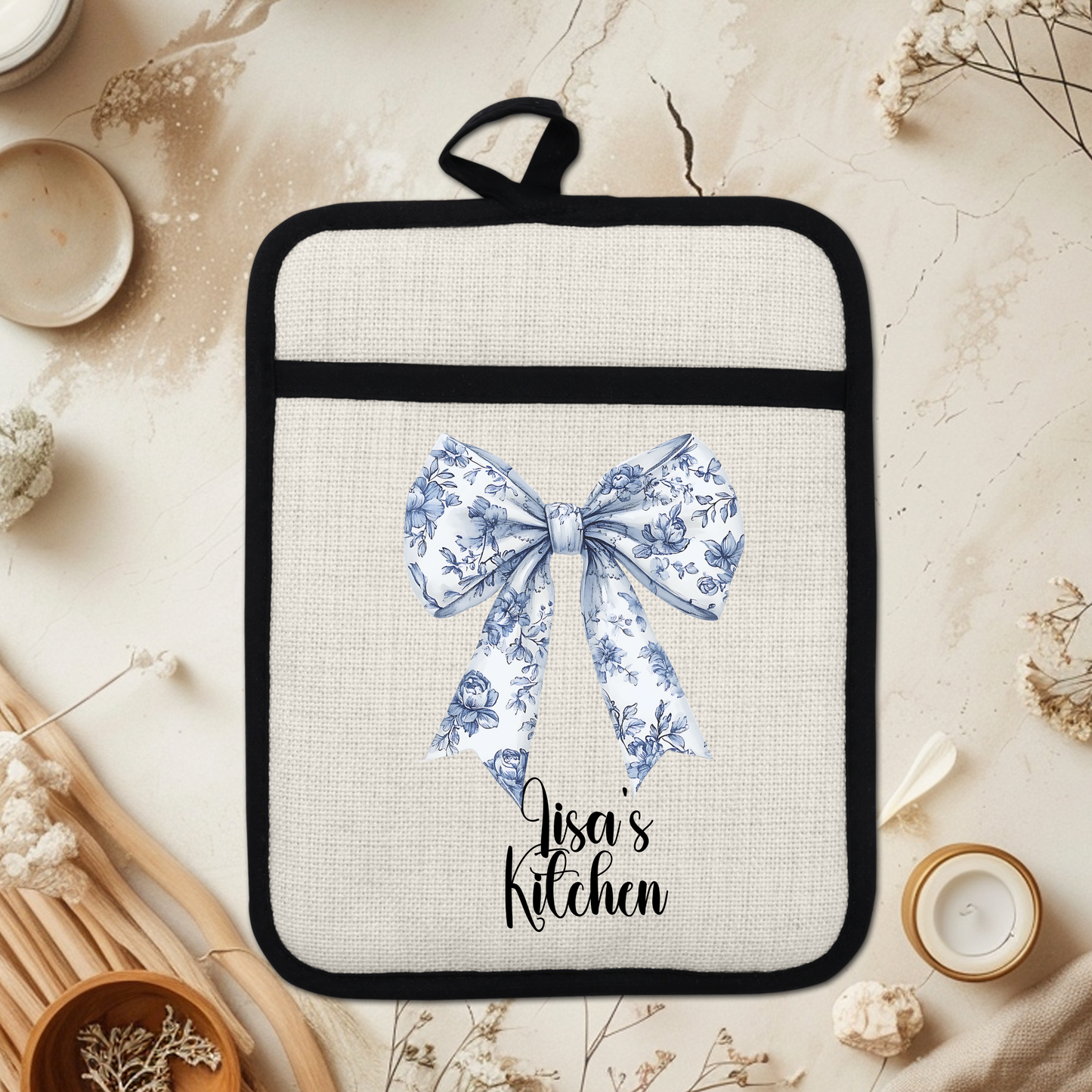 Custom Chinoiserie Bow Design Linen Pot Holder with Personalized Name