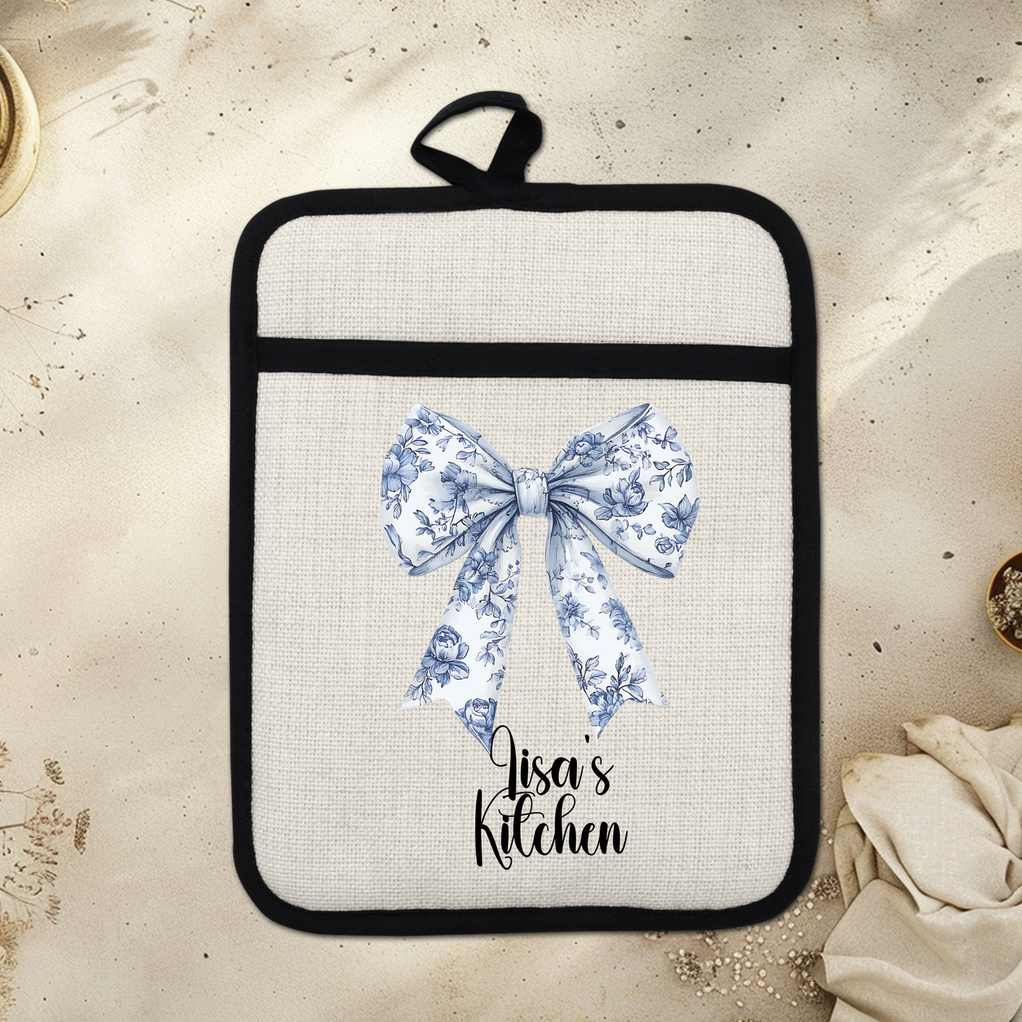 Custom Chinoiserie Bow Design Linen Pot Holder with Personalized Name