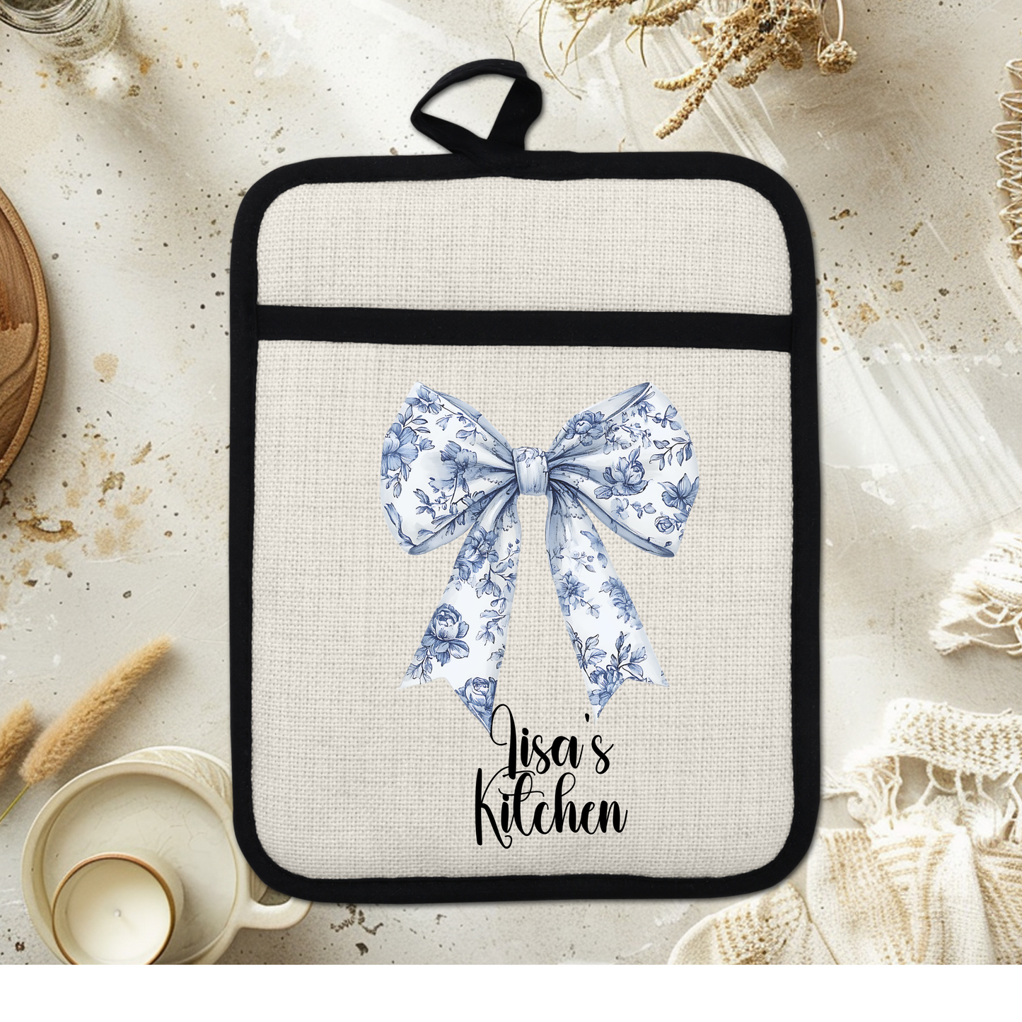 Custom Chinoiserie Bow Design Linen Pot Holder with Personalized Name