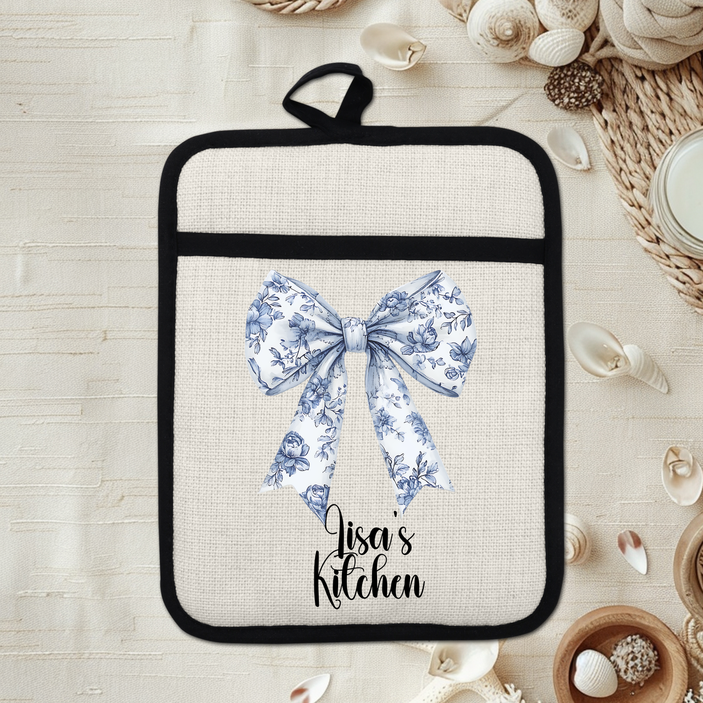 Custom Chinoiserie Bow Design Linen Pot Holder with Personalized Name