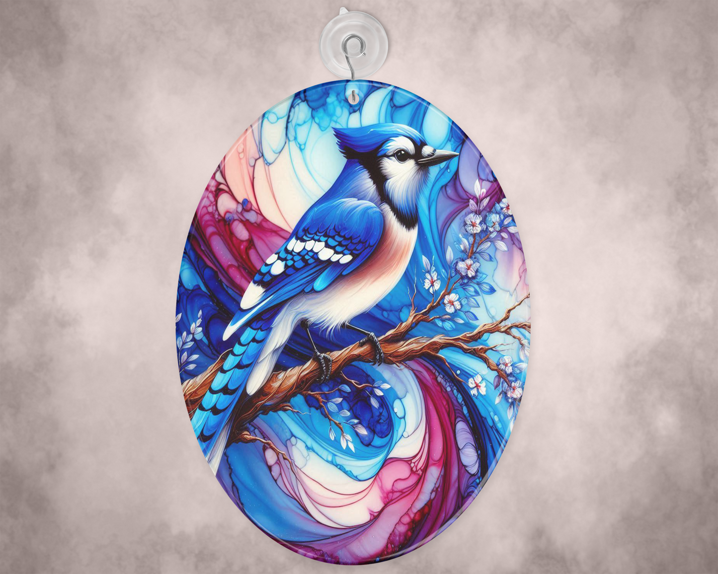 Blue Jay Alcohol Ink Glass Suncatcher - Elegant Bird Decor for Sunlit Spaces