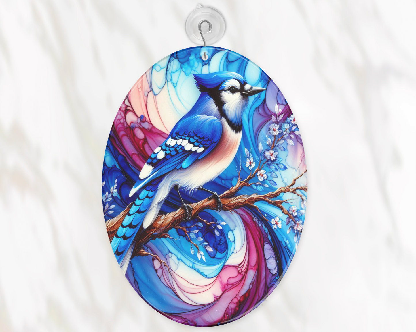 Blue Jay Alcohol Ink Glass Suncatcher - Elegant Bird Decor for Sunlit Spaces