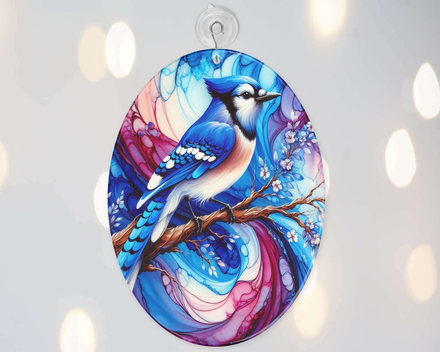 Blue Jay Alcohol Ink Glass Suncatcher - Elegant Bird Decor for Sunlit Spaces