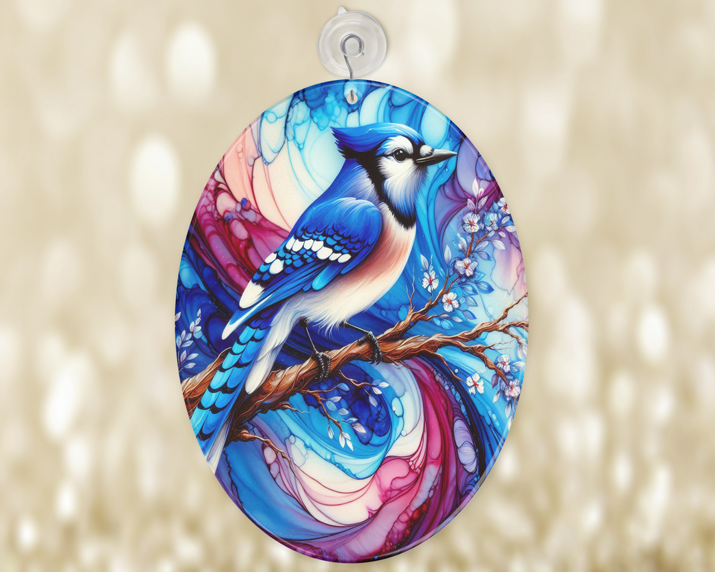 Blue Jay Alcohol Ink Glass Suncatcher - Elegant Bird Decor for Sunlit Spaces