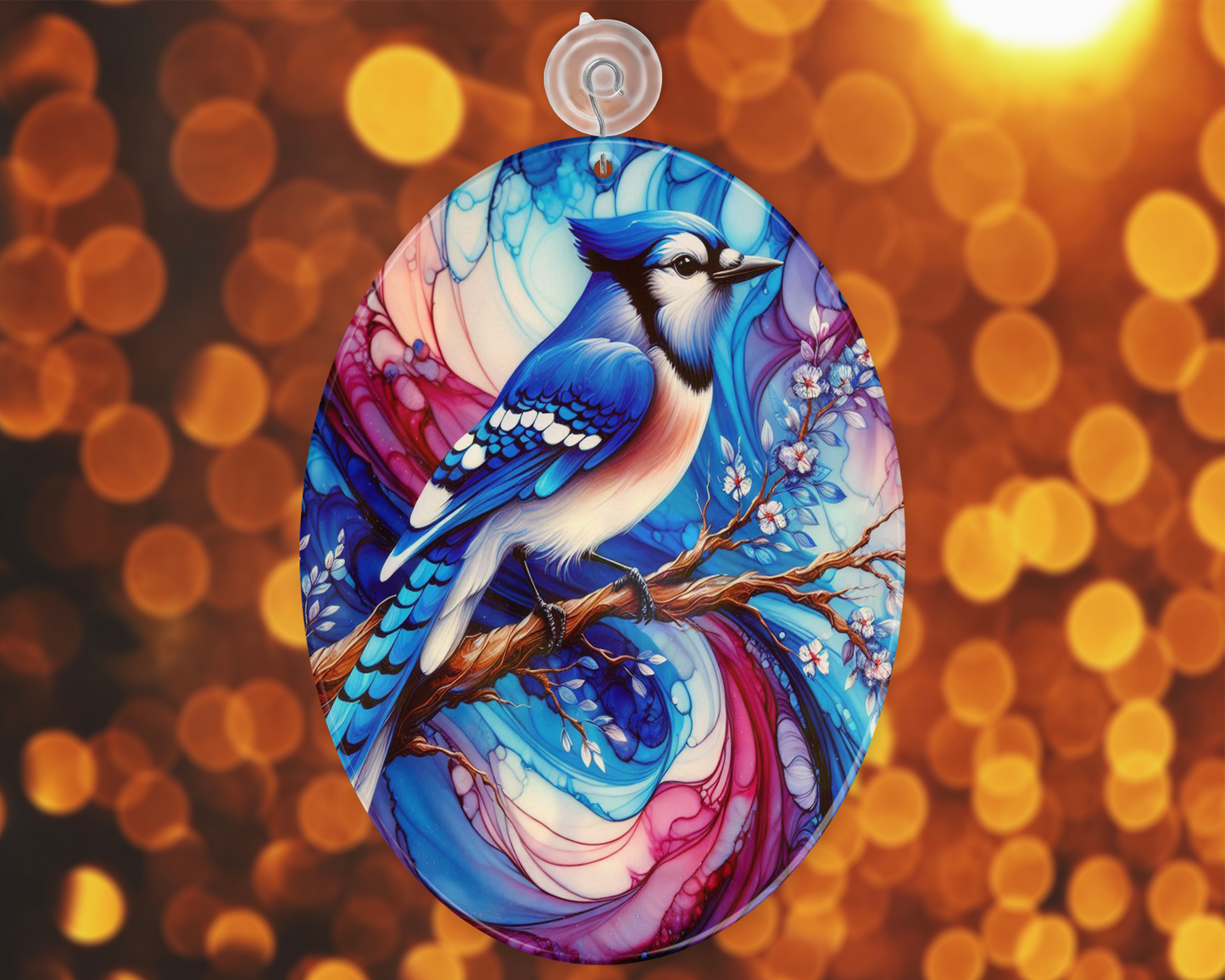 Blue Jay Alcohol Ink Glass Suncatcher - Elegant Bird Decor for Sunlit Spaces