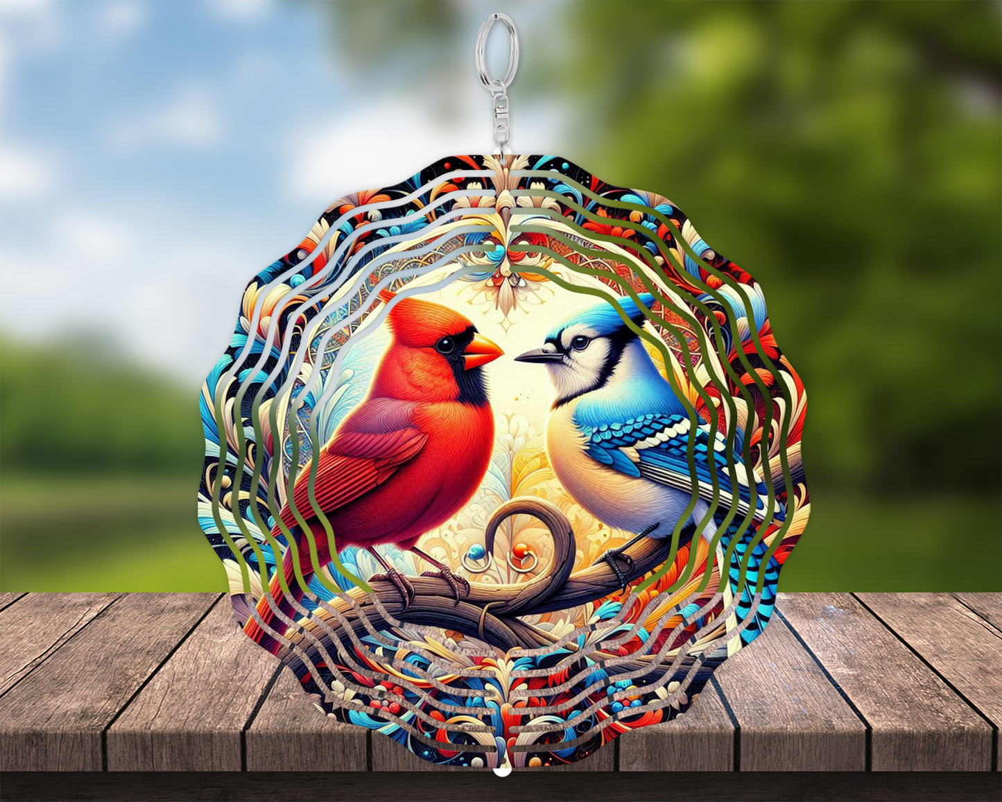 Colorful 3D Bird Wind Spinner with Cardinal and Blue Jay on Branch