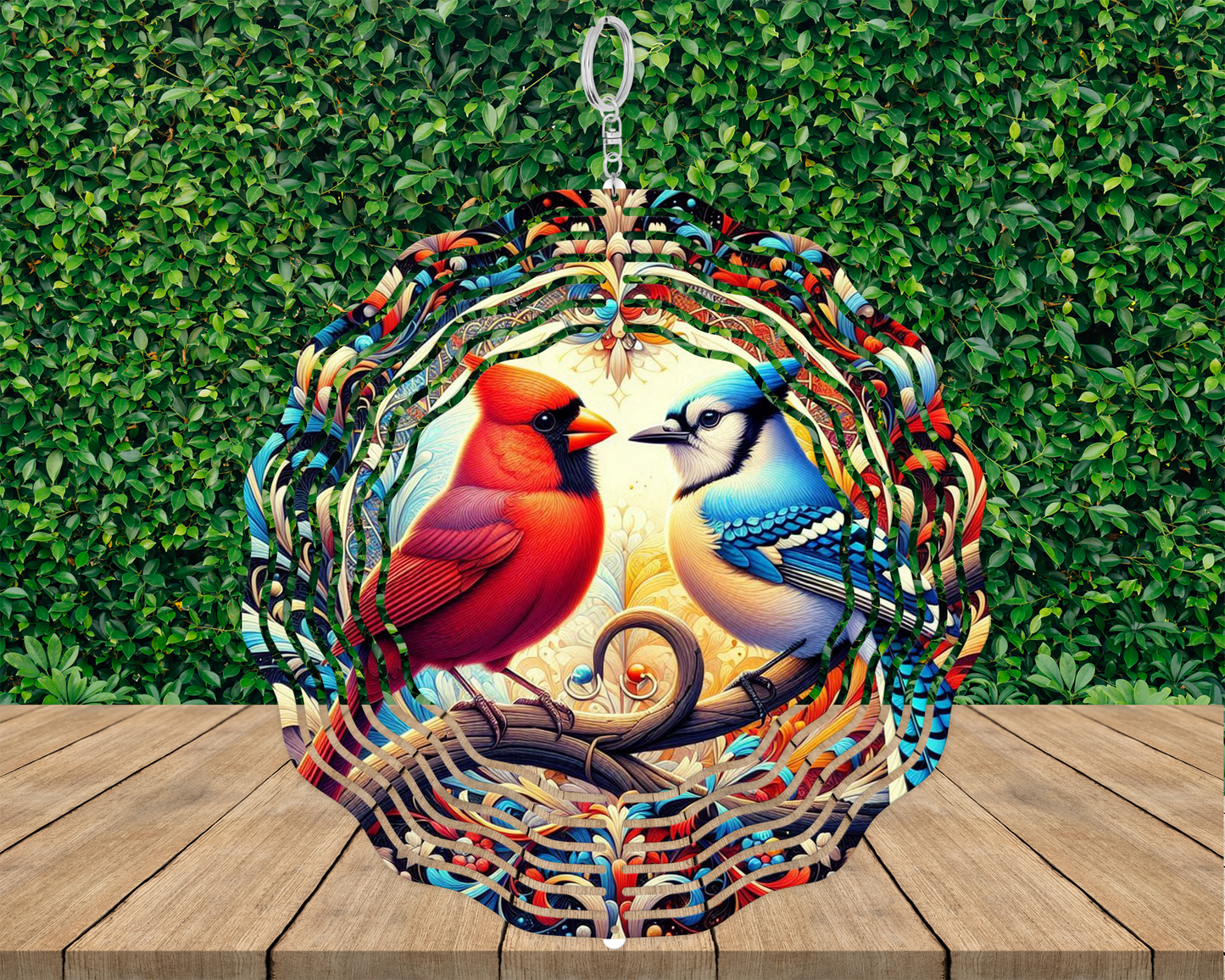 Colorful 3D Bird Wind Spinner with Cardinal and Blue Jay on Branch