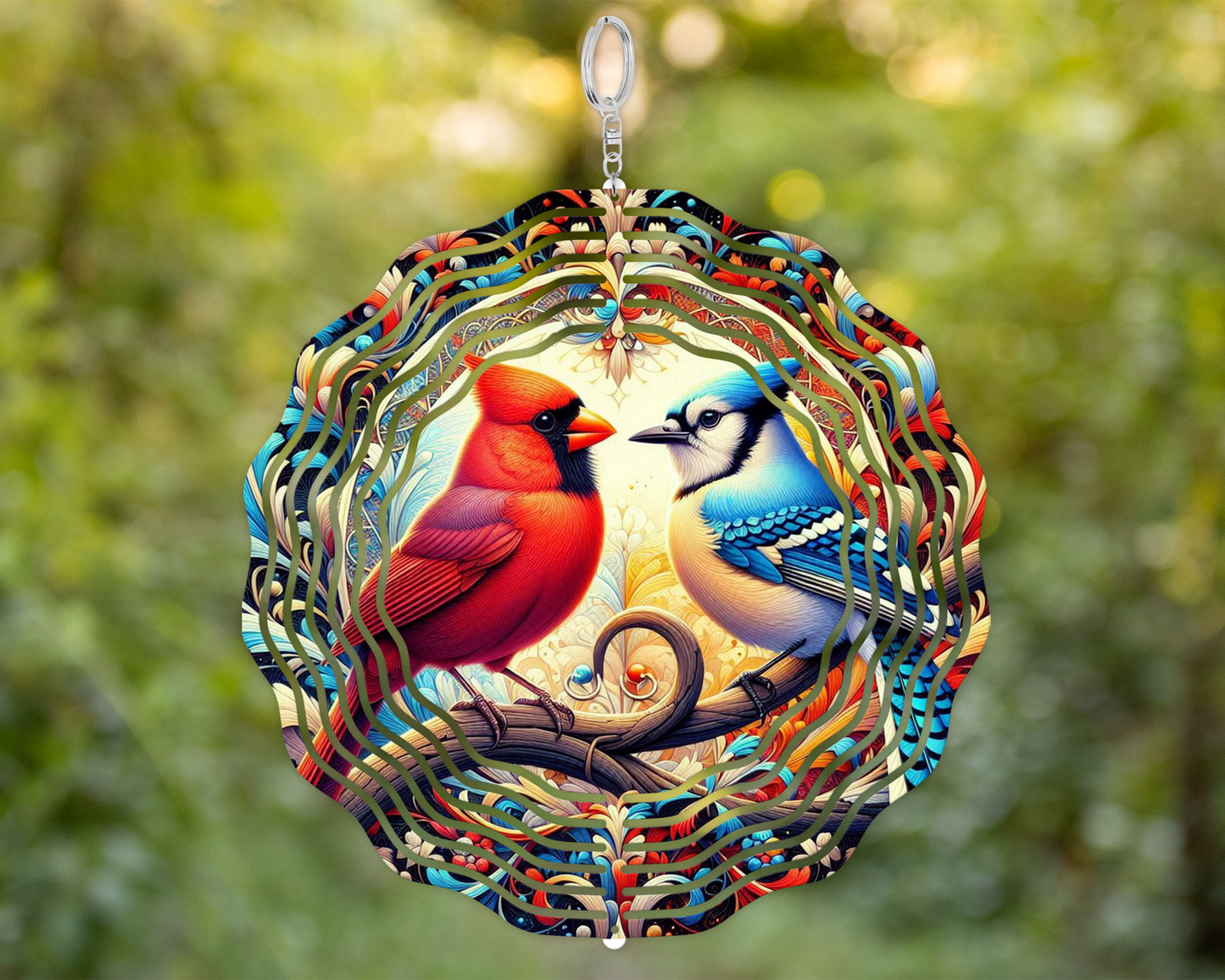 Unique 3D Wind Spinner featuring Cardinal and Blue Jay Perched on Branch