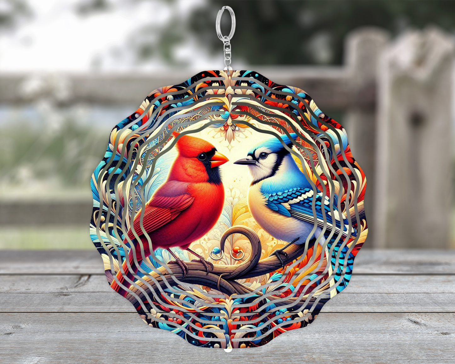 Unique 3D Wind Spinner featuring Cardinal and Blue Jay Perched on Branch