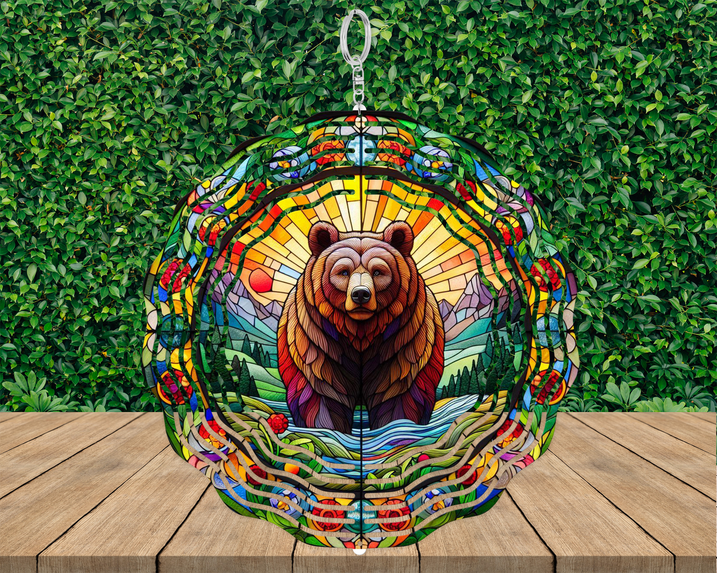 Colorful Faux Stained Glass Wind Spinner with Bear Design